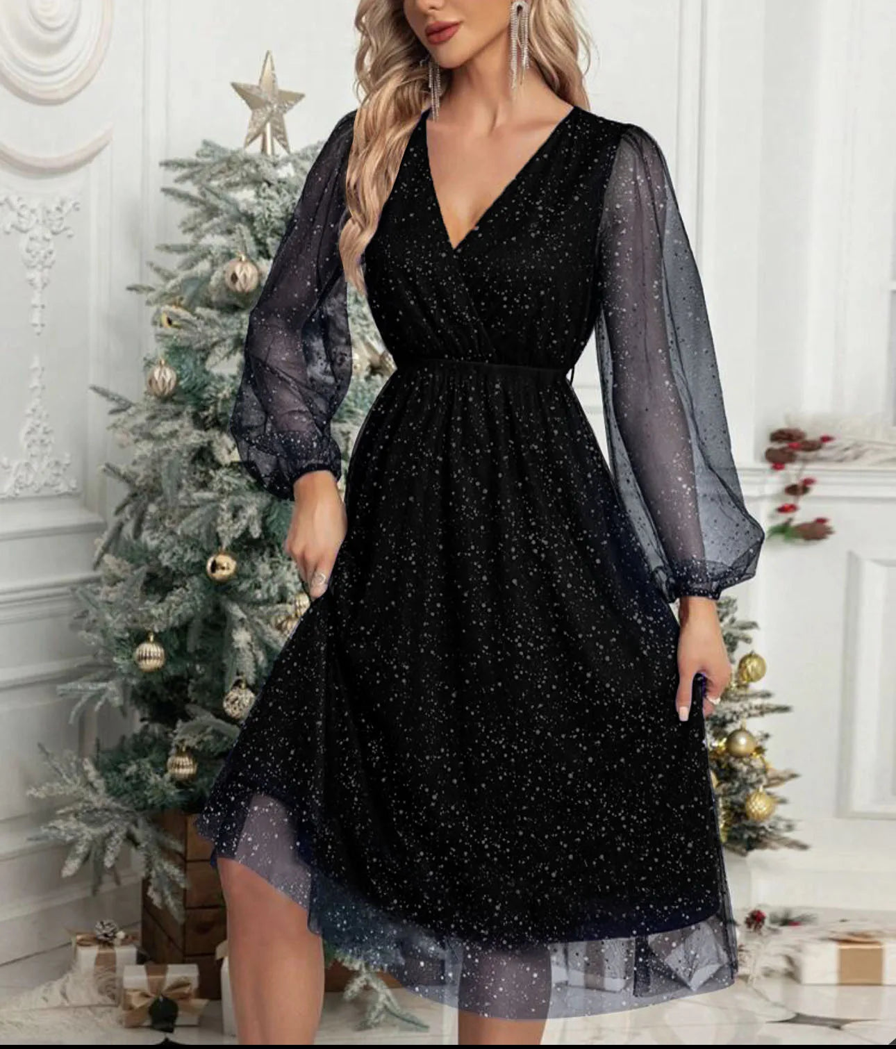 Mae Harper™ | Sparkling Mesh-Sleeve V-Neck Evening Dress