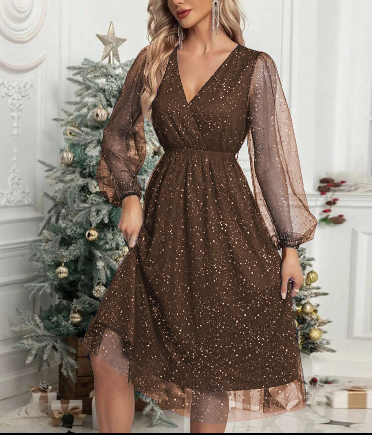 Mae Harper™ | Sparkling Mesh-Sleeve V-Neck Evening Dress