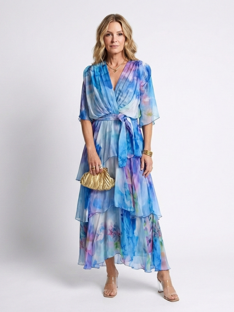 Calista | Robe longue superposée à col en V et taille nouée