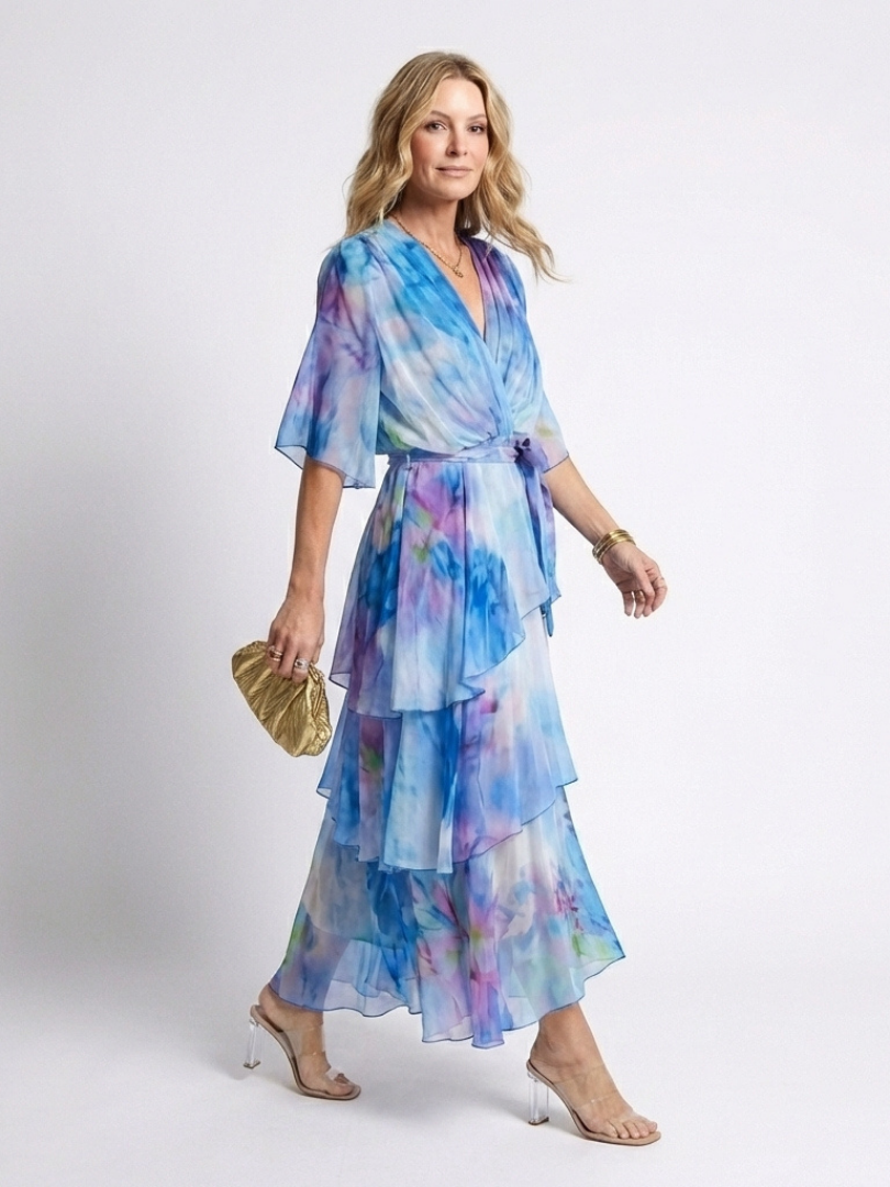 Calista | Robe longue superposée à col en V et taille nouée