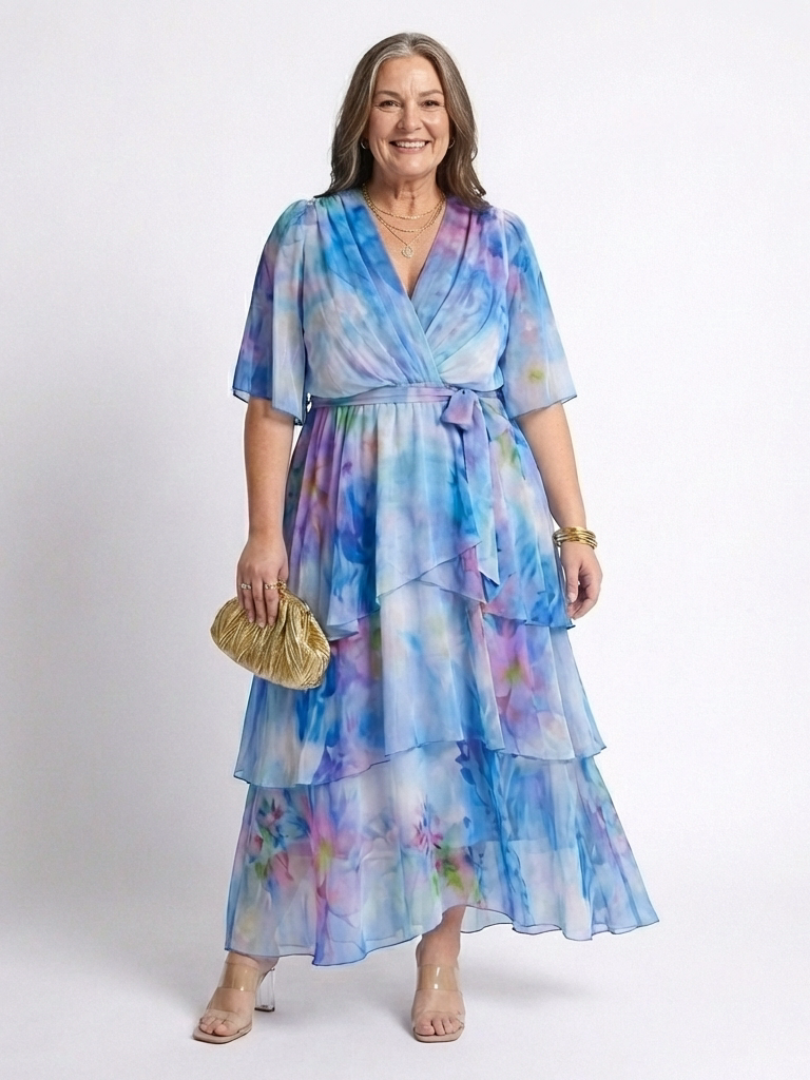 Calista | Robe longue superposée à col en V et taille nouée
