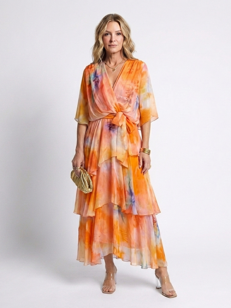 Calista | Robe longue superposée à col en V et taille nouée