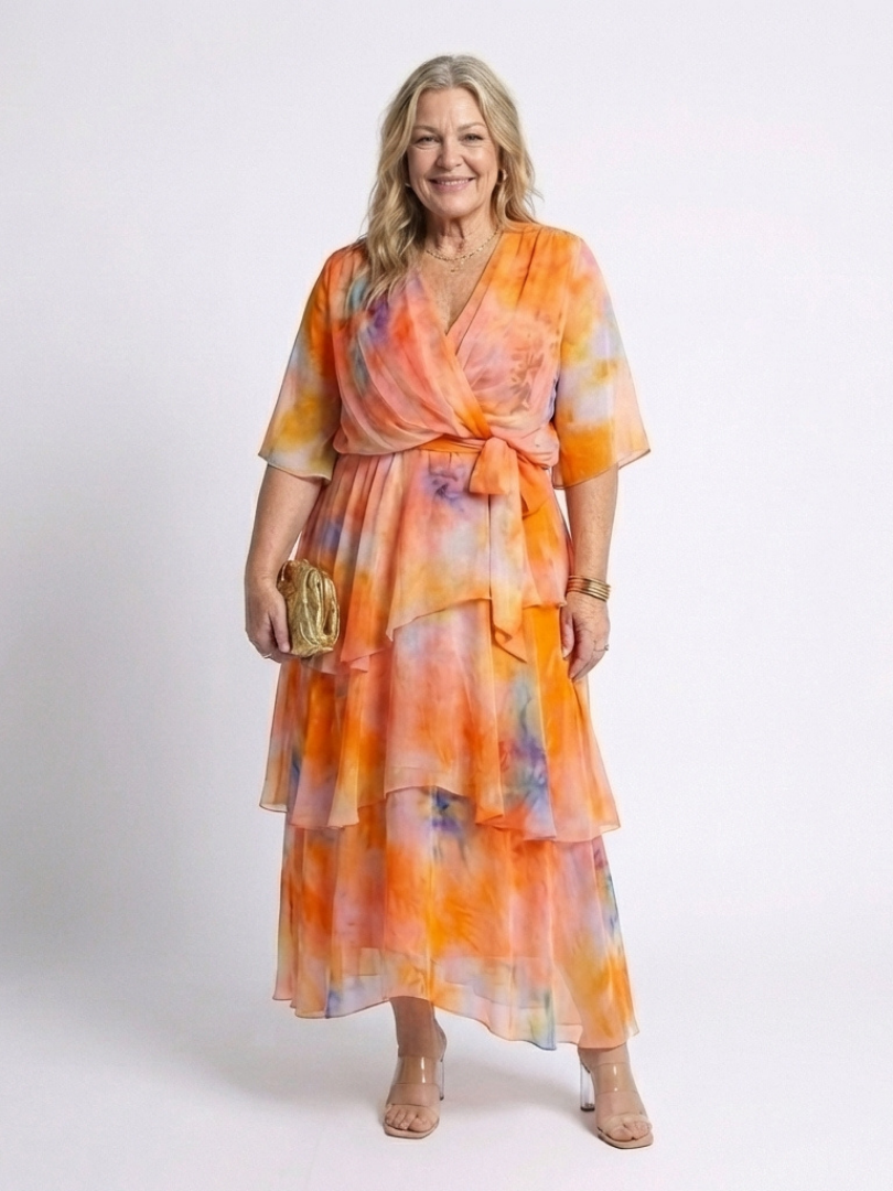 Calista | Robe longue superposée à col en V et taille nouée