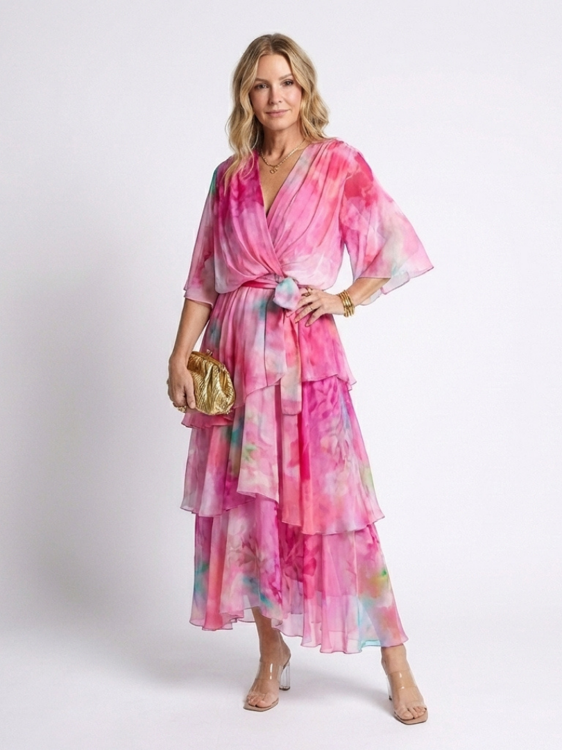 Calista | Robe longue superposée à col en V et taille nouée