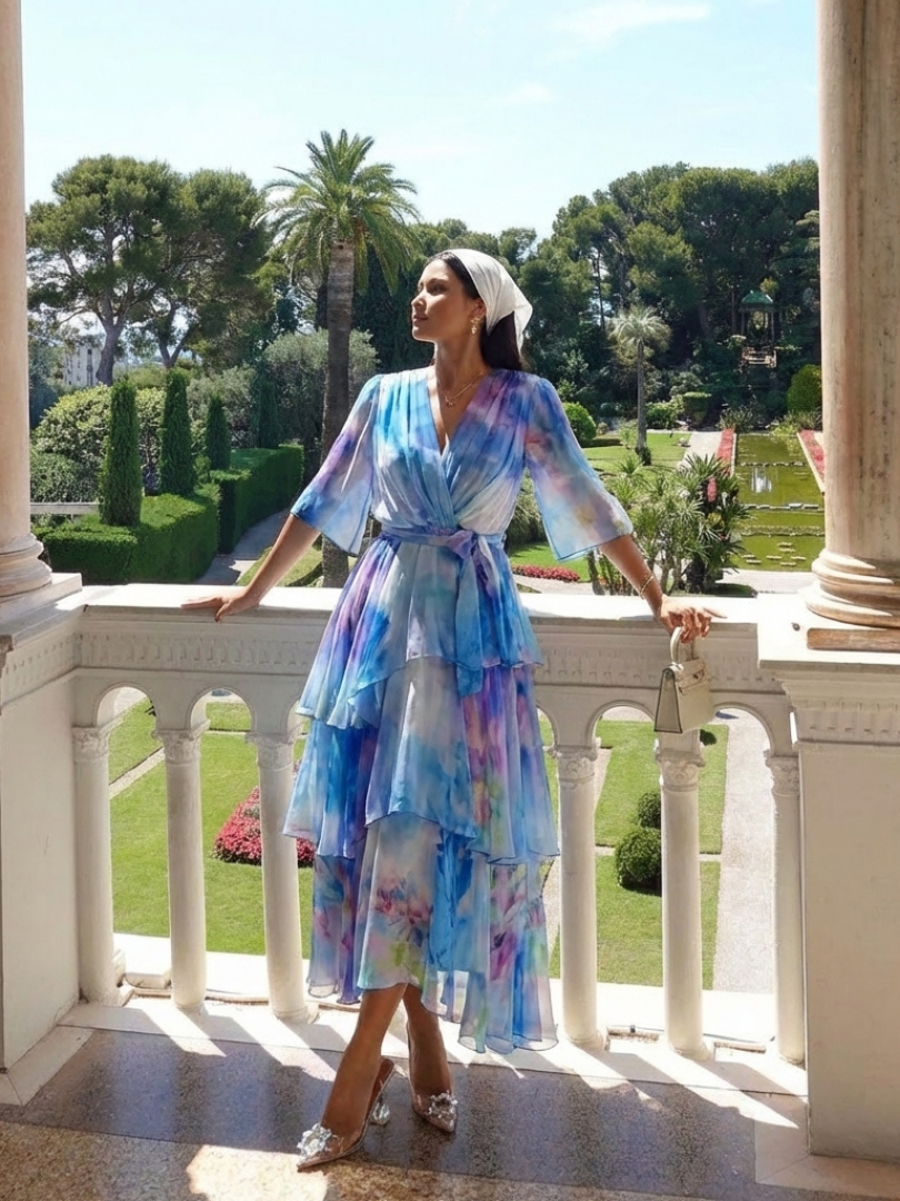 Calista | Robe longue superposée à col en V et taille nouée