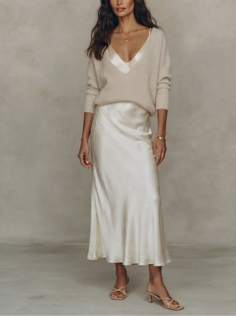 Effortless Coastal Elegance Off-Shoulder Knit & Flowing Skirt Look