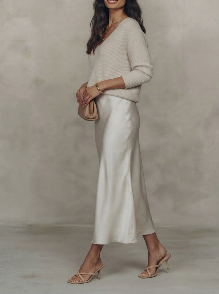 Effortless Coastal Elegance Off-Shoulder Knit & Flowing Skirt Look