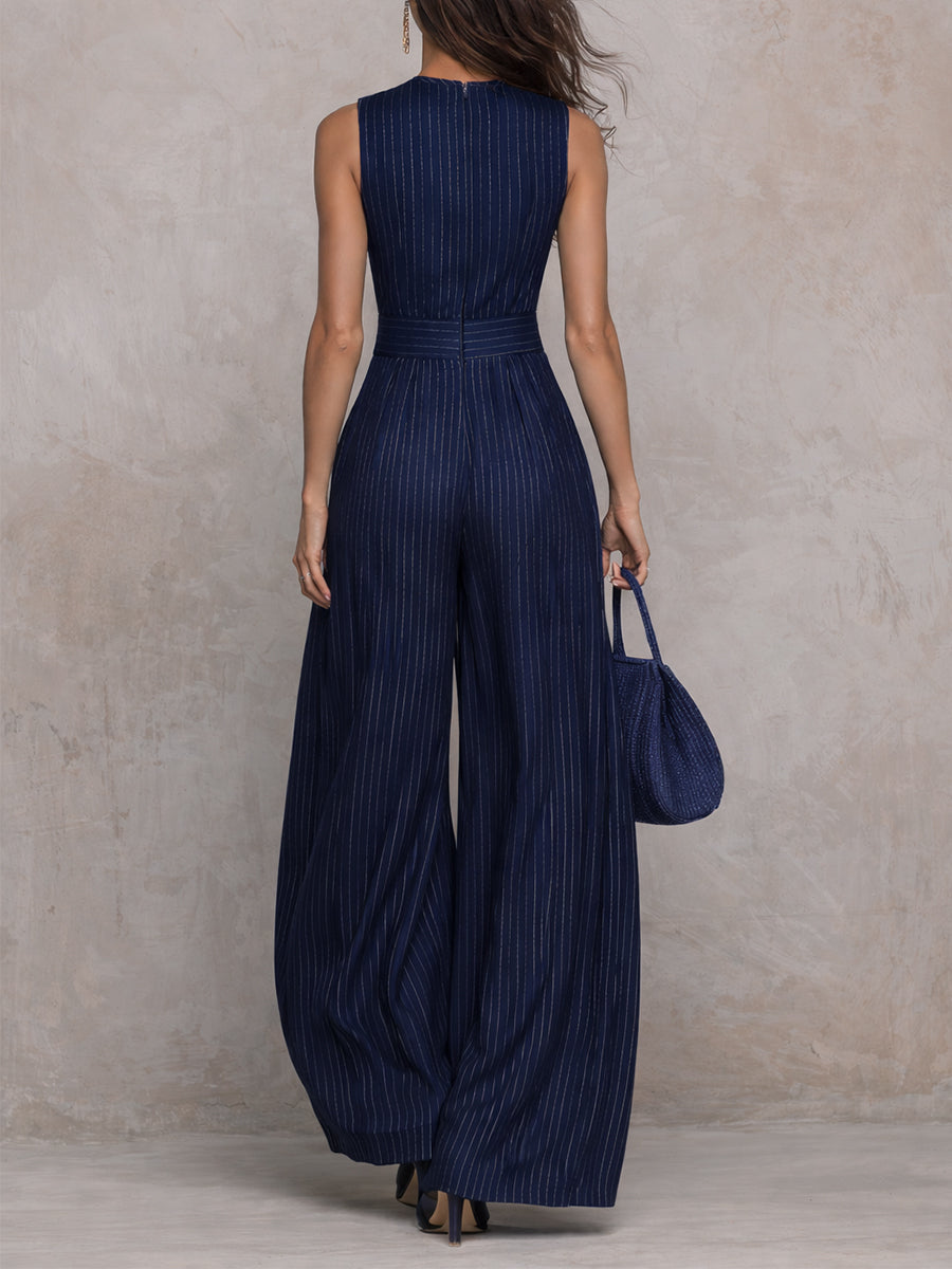 Marevé — Satin Stripe Keyhole Wide-Leg Jumpsuit