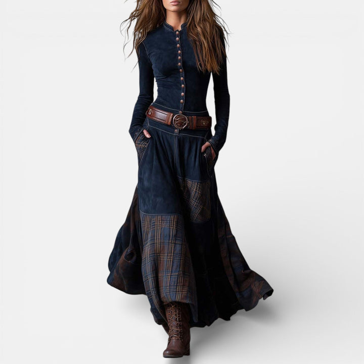 Leonora | Vintage Long Dress in Navy Blue Suede Check (Includes Belt)