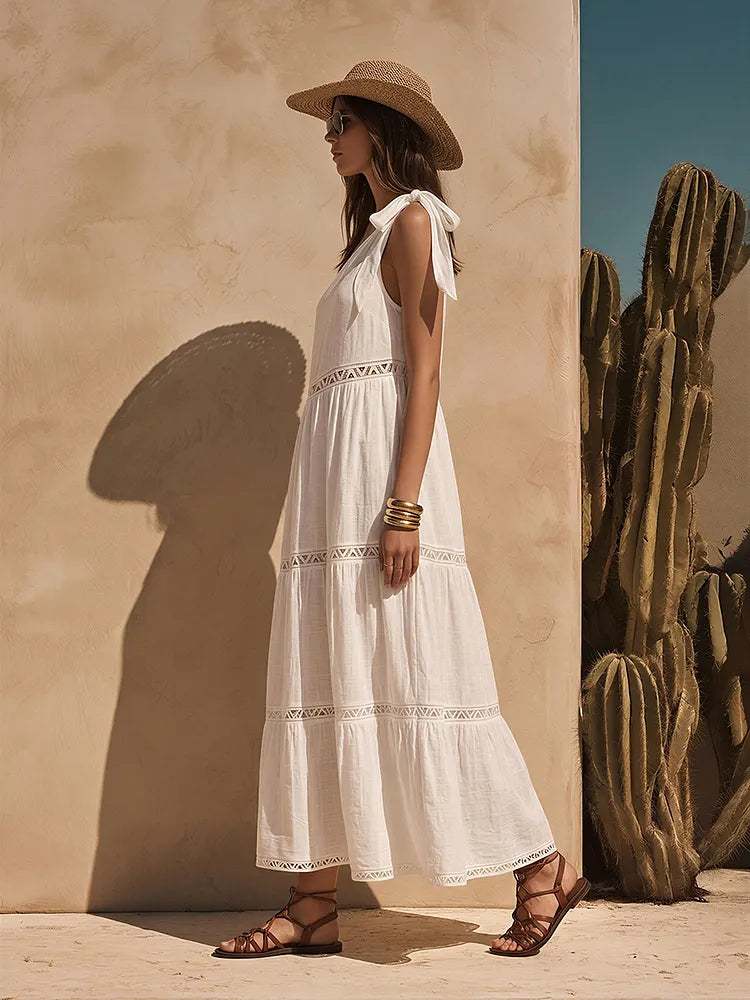 Bohemian One-Shoulder White Cotton-Linen Maxi Dress