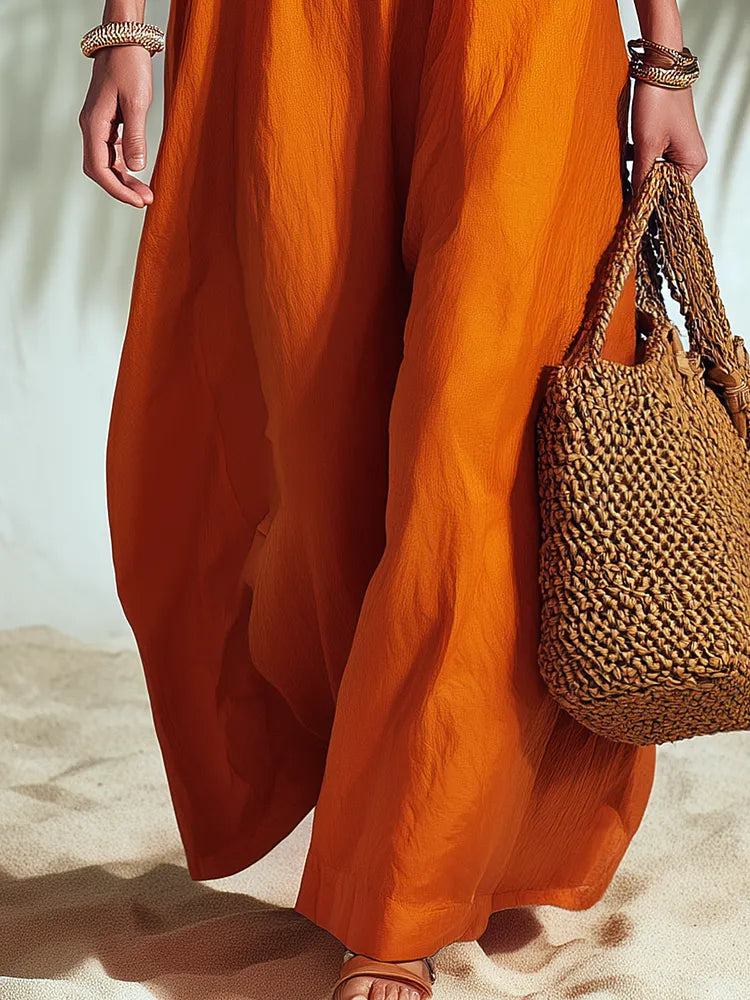 Resort-style Sleeveless U-neck Solid Color Long Dress