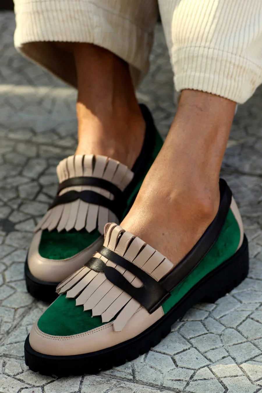 Color Block Tassels Trim Patchwork Round Toe Green Loafers [Pre Order]