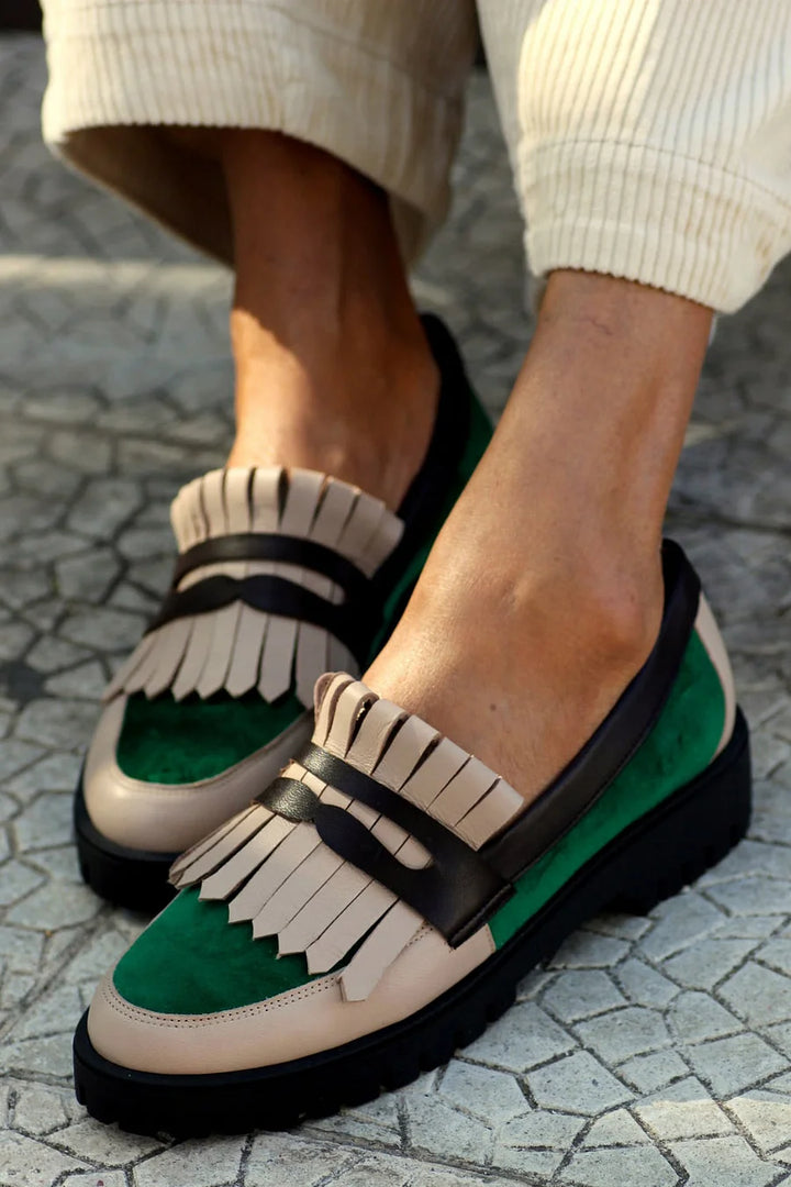 Color Block Tassels Trim Patchwork Round Toe Green Loafers [Pre Order]
