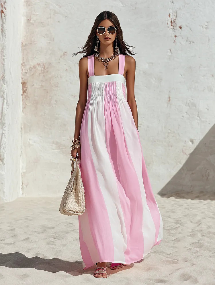 Resort Style Square Neck Sleeveless Striped Chiffon Maxi Dress