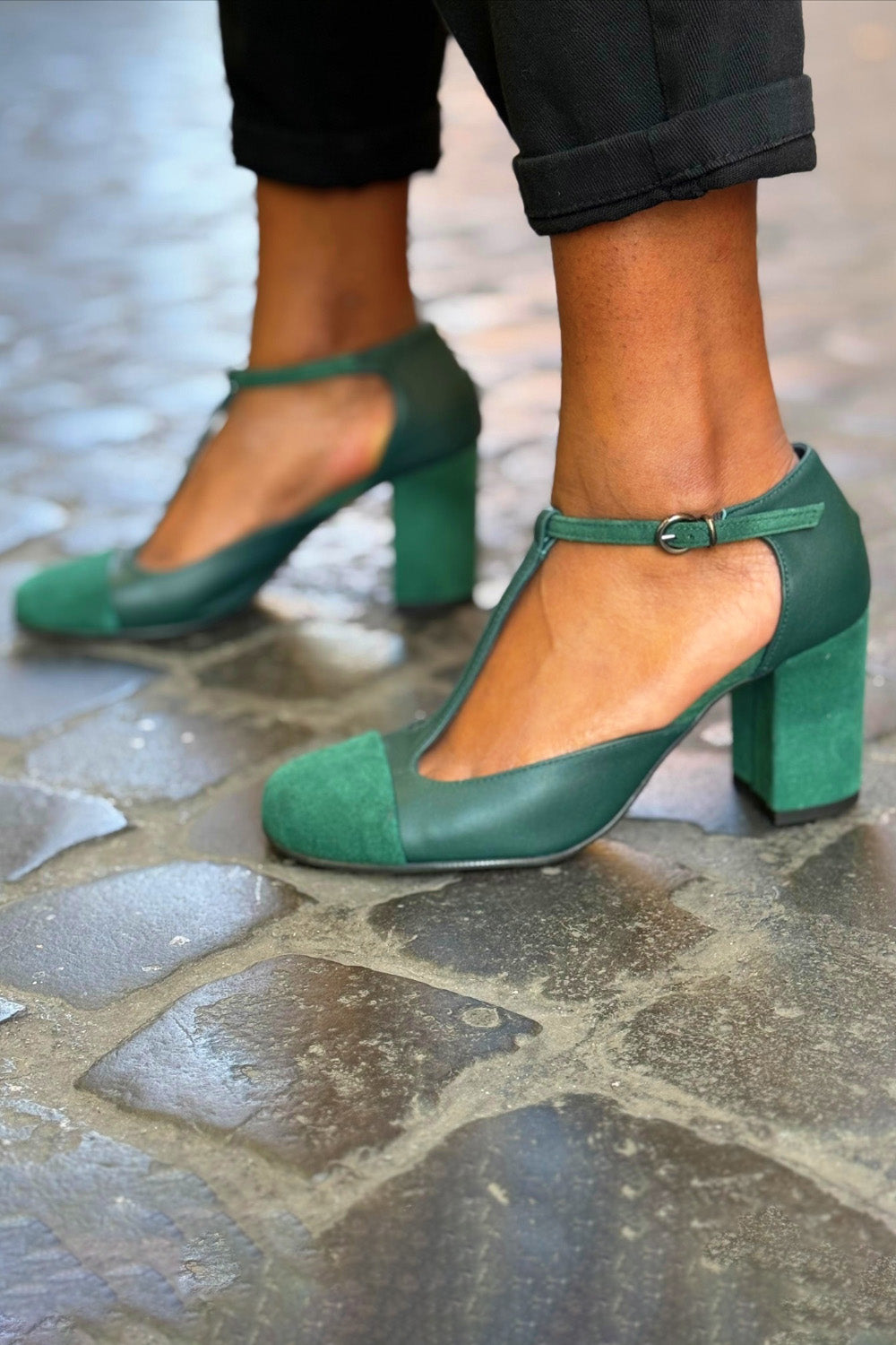 Patchwork Contrast Buckle T-Strap Round Toe Green Chunky Heels [Pre Order]