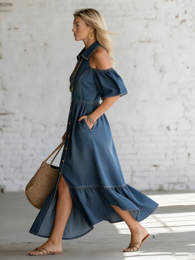 Elegant Off-shoulder Denim Maxi Dress