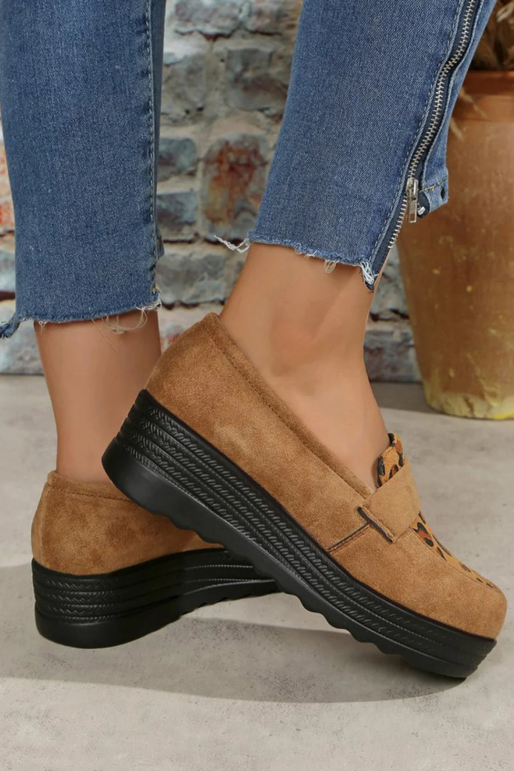 Leopard Print Penny Strap Trim Platform Wedge Round Toe Loafers