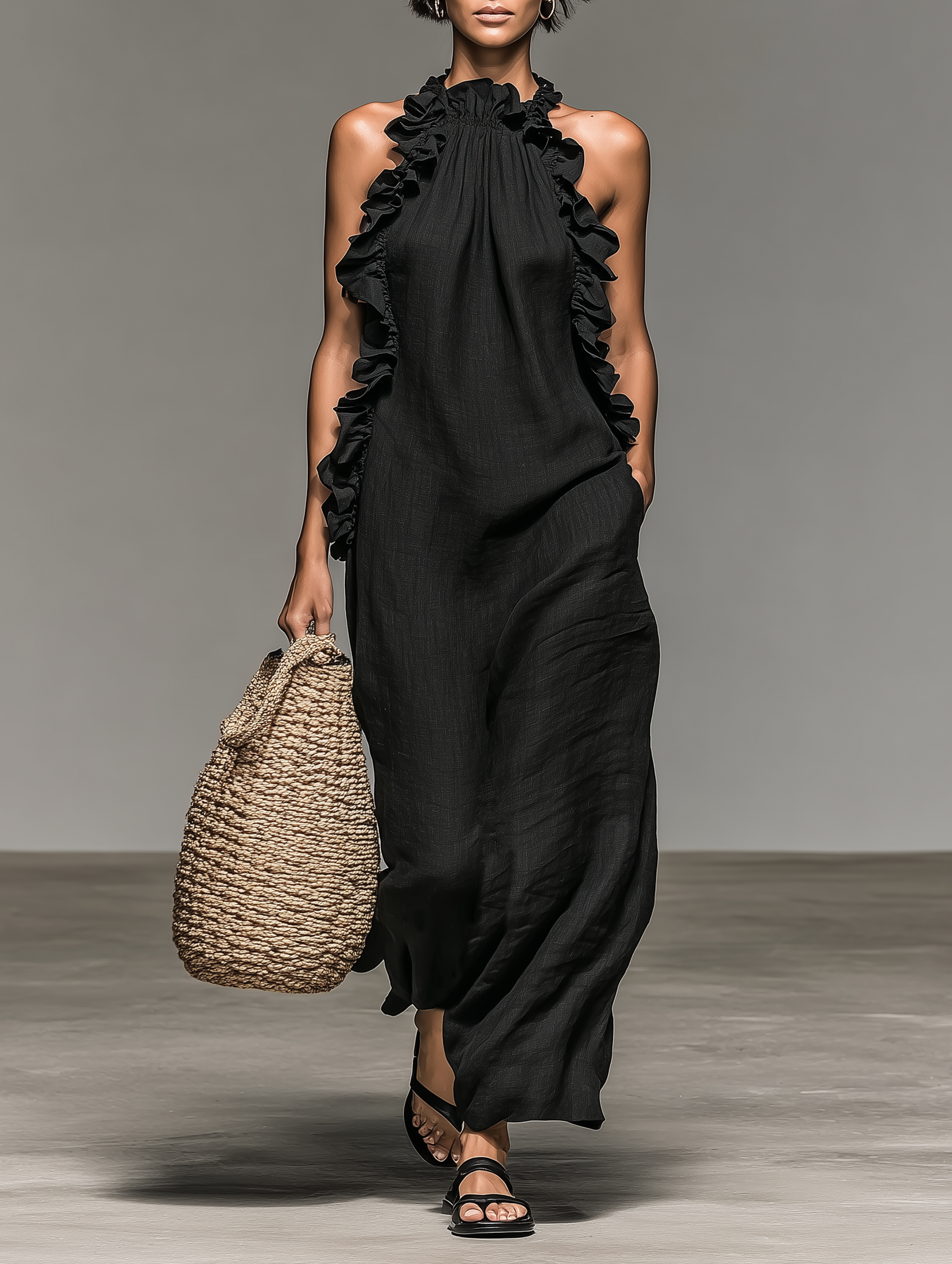 Women's Sleeveless Maxi Dress in Minimalist Linen Blend with Ruffle Details