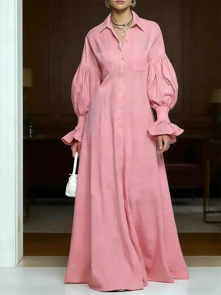 Women's Retro Stylish Lapel Button Art Casual Long Sleeve Cotton Maxi Dress