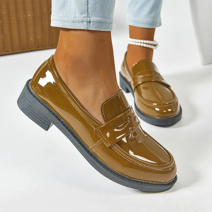 Solid Color Patchwork Round Toe Low Block Heel Loafers