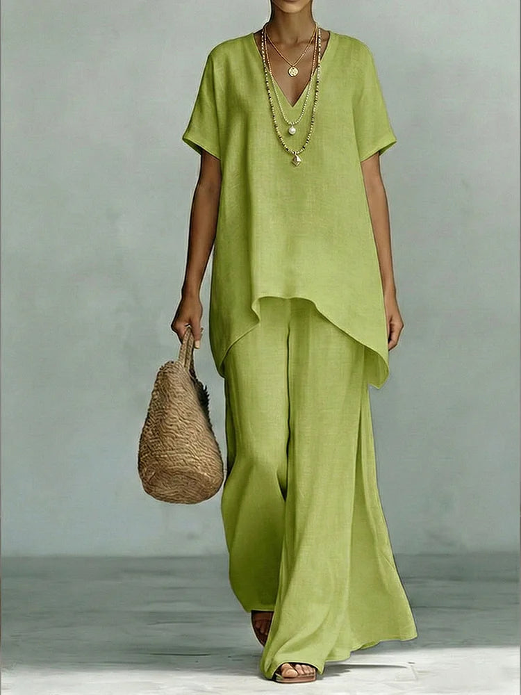 Classic Casual Short-sleeved Linen And Cotton Top And Wide-leg Pants Two-piece Set