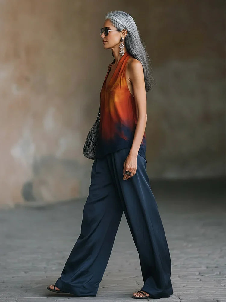 Stylish Elegant Gradient Halter Top And Wide-leg Pants Two-piece Set