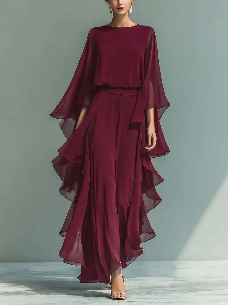 Elegant & Flowy Ruffled Shirt And Wide-leg Pants Two-piece Set