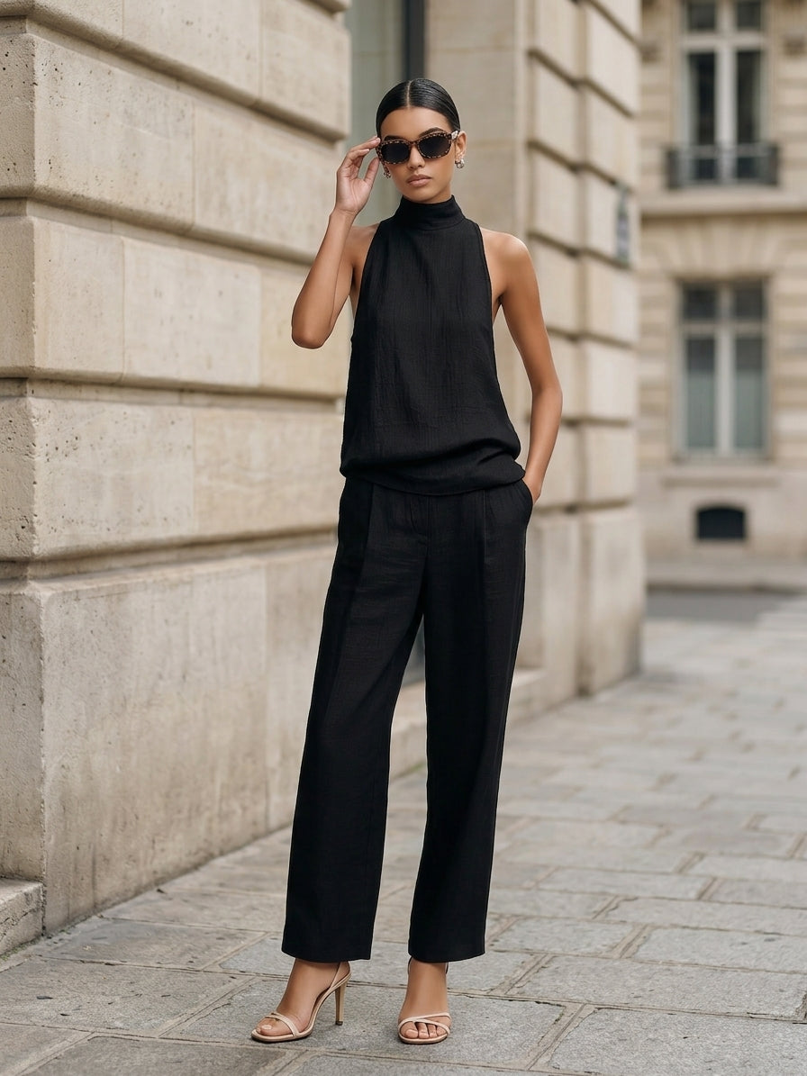Women's Elegant Black Cotton And Linen Round-neck Sleeveless Top And Trousers Set