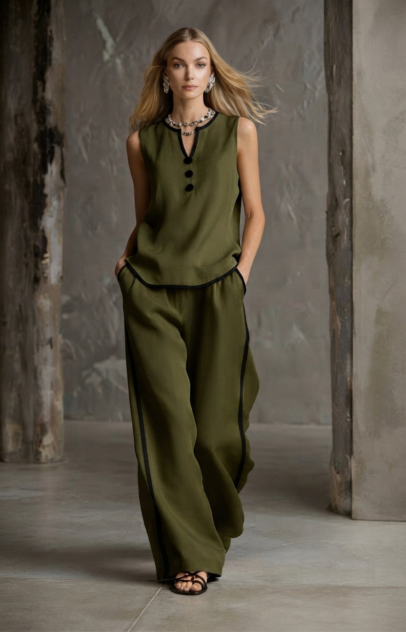Loose-fitting Cotton-linen Color-blocked Sleeveless Top And Pants Set
