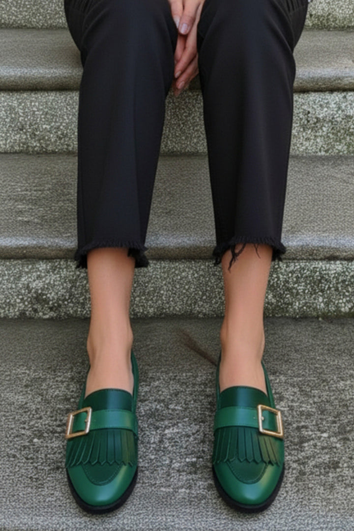 Casual Fringe Trim Buckle Round Toe Slip On Green Loafers