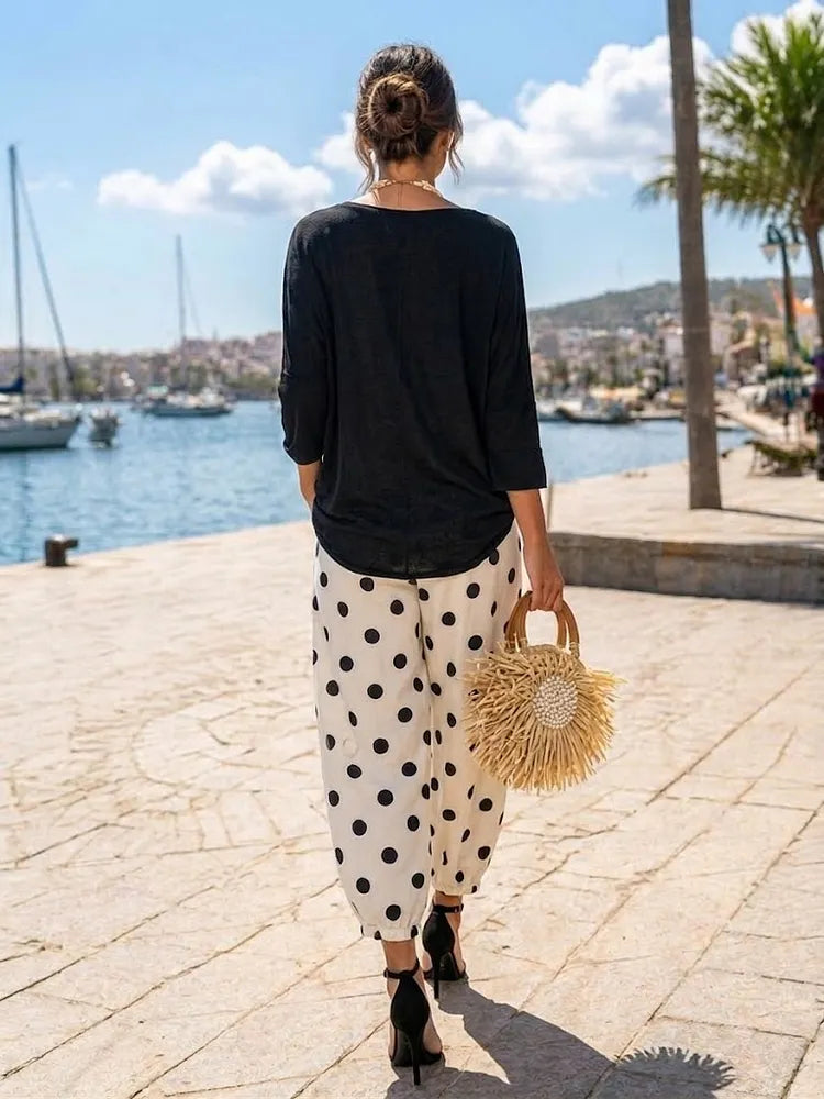Loose And Comfortable Knitted Top And Polka-dot Cotton Pants Two-piece Set