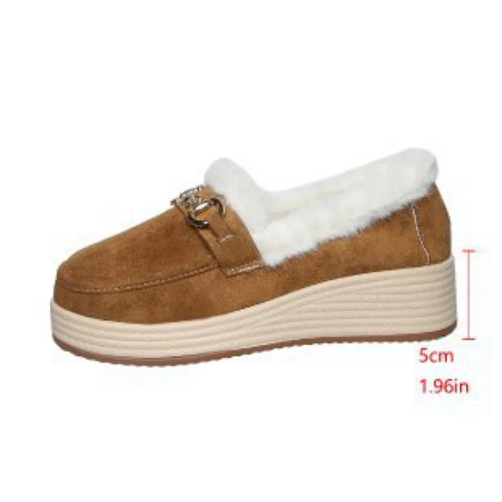 Horsebit Buckle Decor Thickened Plush Lined Fur Trim Slip On Wedge Loafers