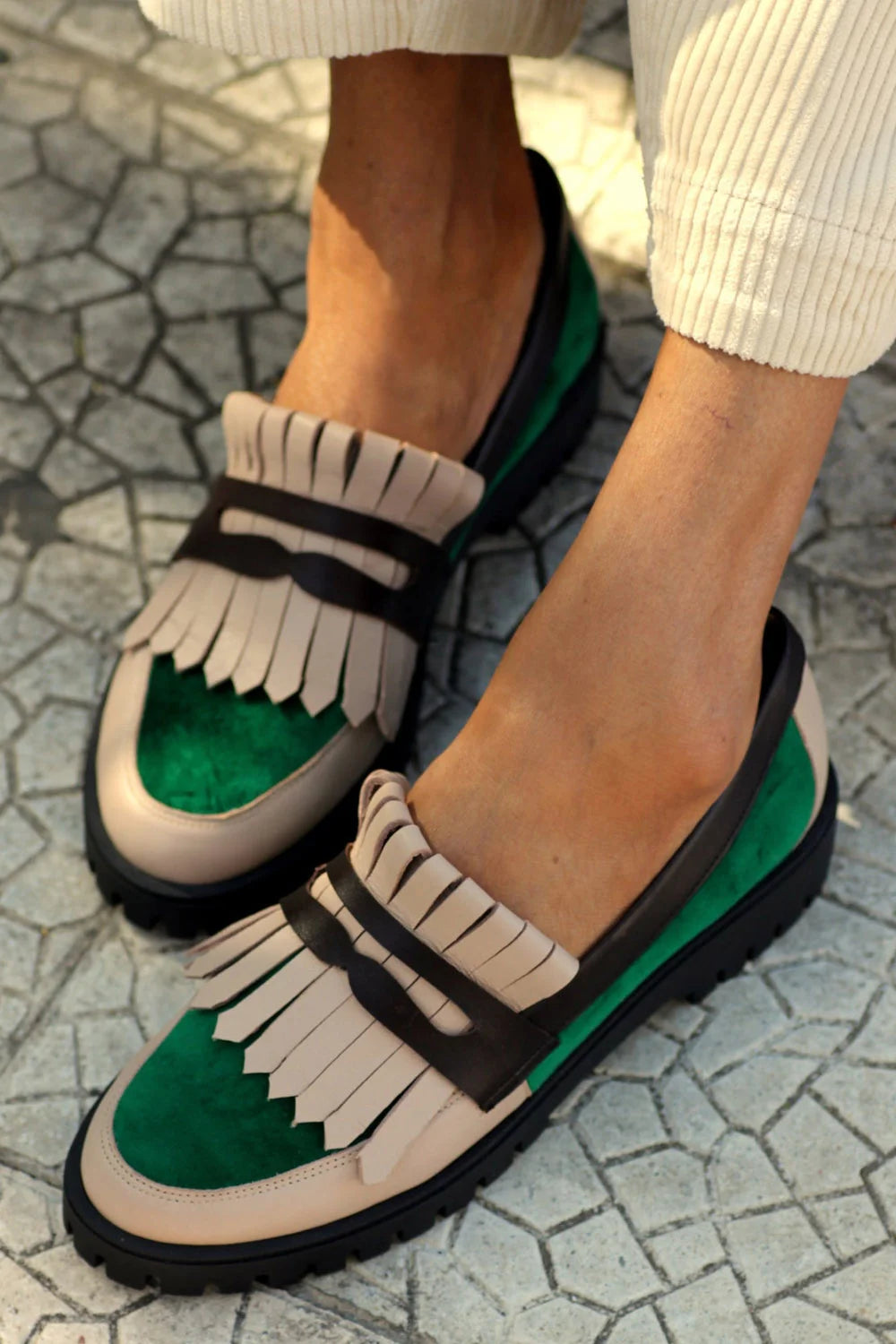 Color Block Tassels Trim Patchwork Round Toe Green Loafers [Pre Order]