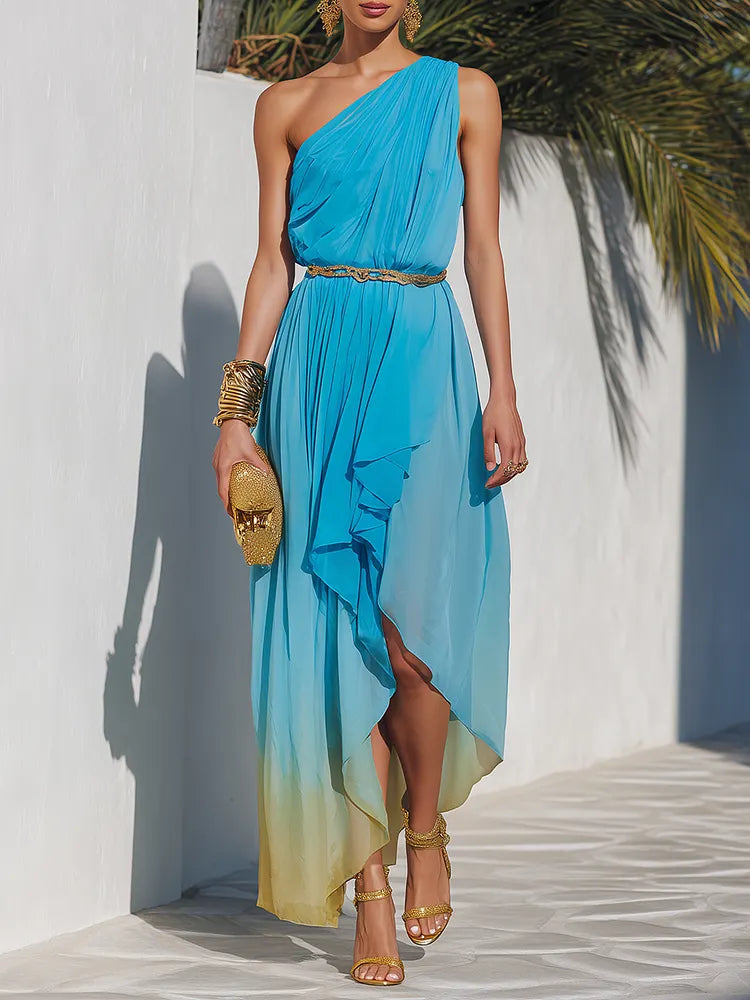 Romantic Vacation One-Shoulder Asymmetrical Hem Ombré Chiffon Maxi Dress