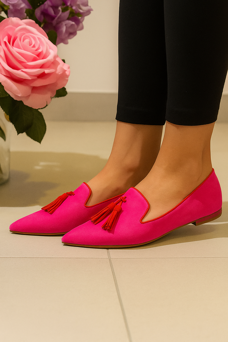 Mocasín puntiagudo rosa con borlas