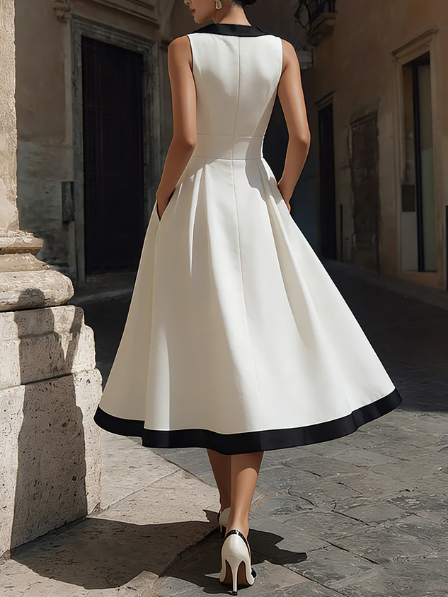 Elegant Color Block V Neck Midi Dress
