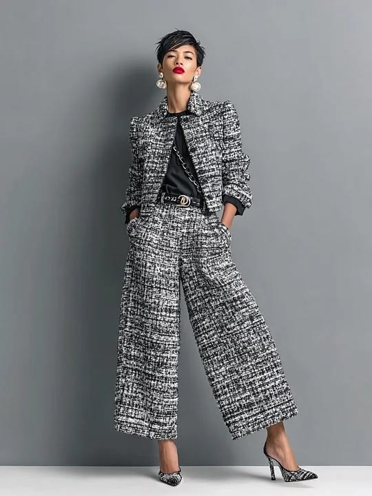 Women's Tweed Blend Single-Breasted Cropped Jacket And Wide-Leg Pants Set