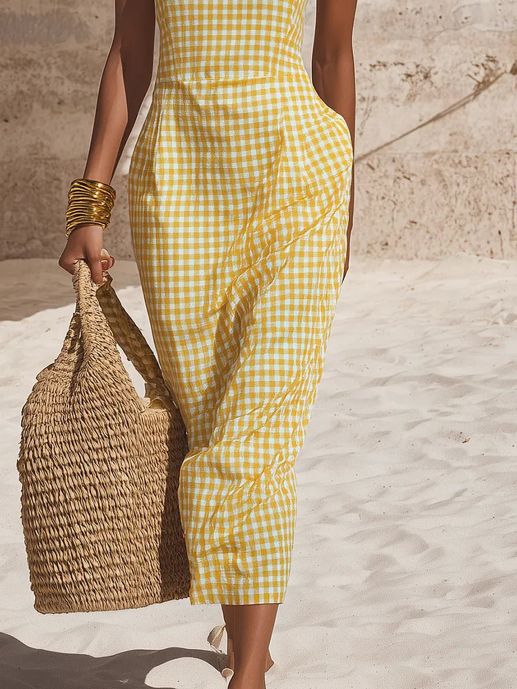Minimalist Vacation Thin Straps Yellow Plaid Cotton Maxi Dress
