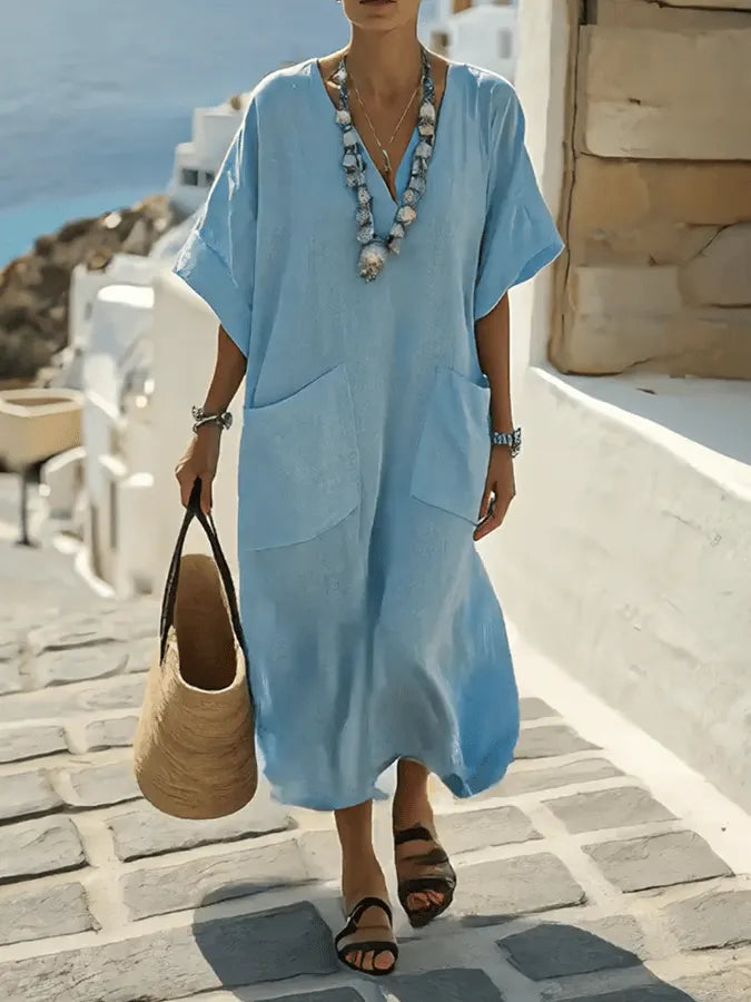 Ladies Solid Color Big Pocket Dress