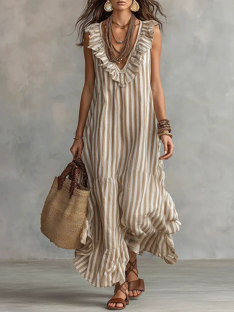 Retro Ruffled V-neck Striped Cotton-linen Dress