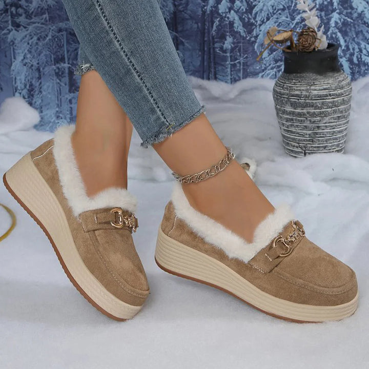 Horsebit Buckle Decor Thickened Plush Lined Fur Trim Slip On Wedge Loafers