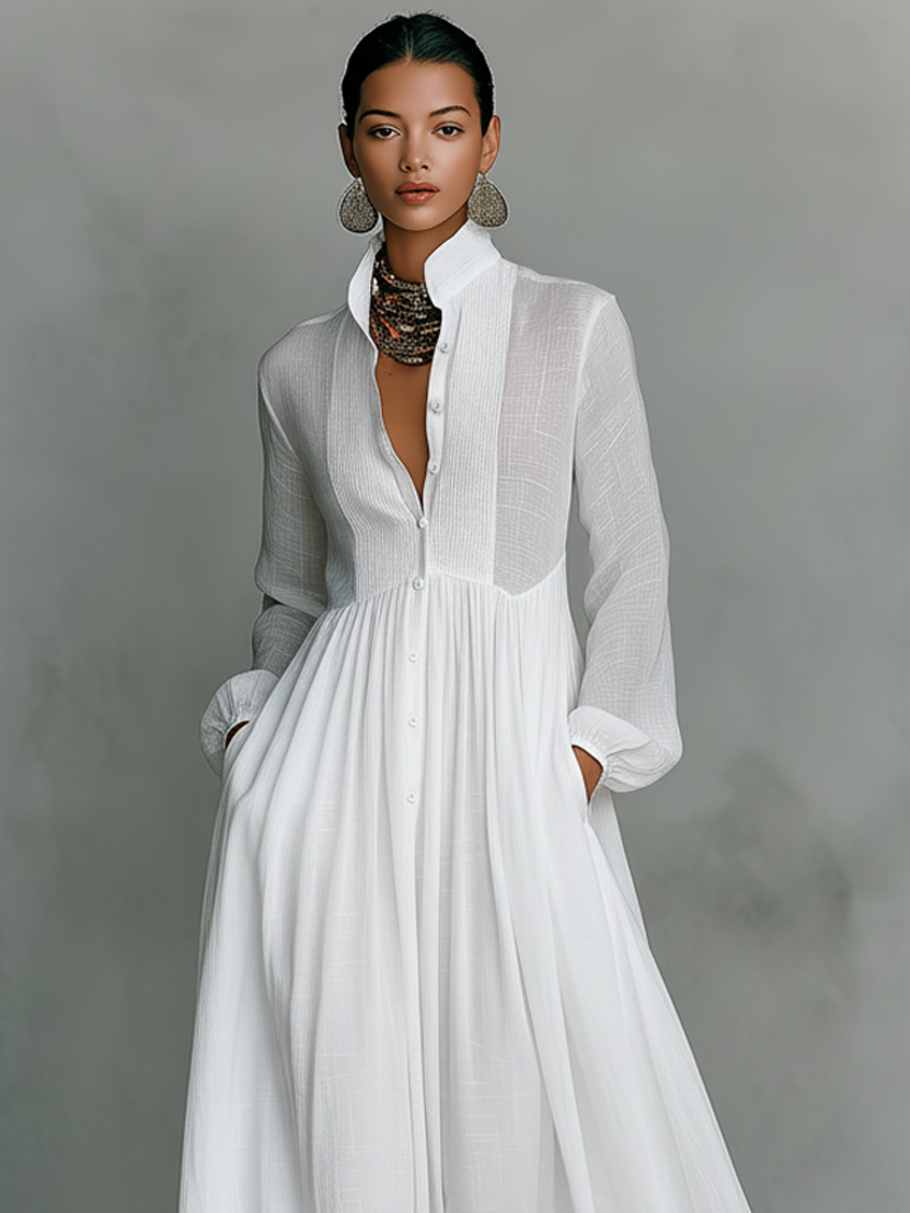 Women's Minimalist Cotton And Linen Patchwork Single-breasted Stand-up Collar Long-sleeved Maxi Dress