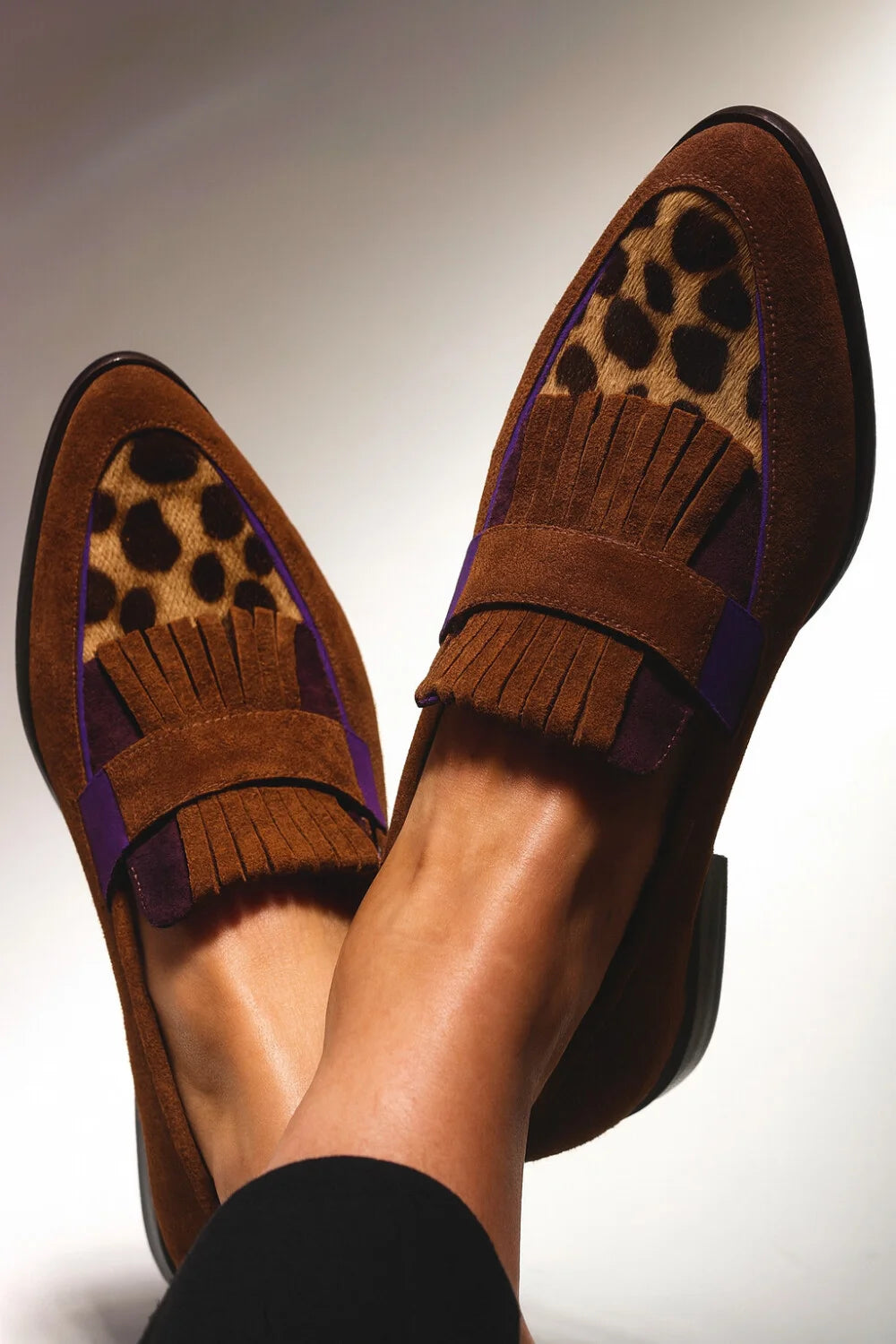 Leopard Print Fringe Trim Pointy Toe Color Matching Brown Loafers [Pre Order]