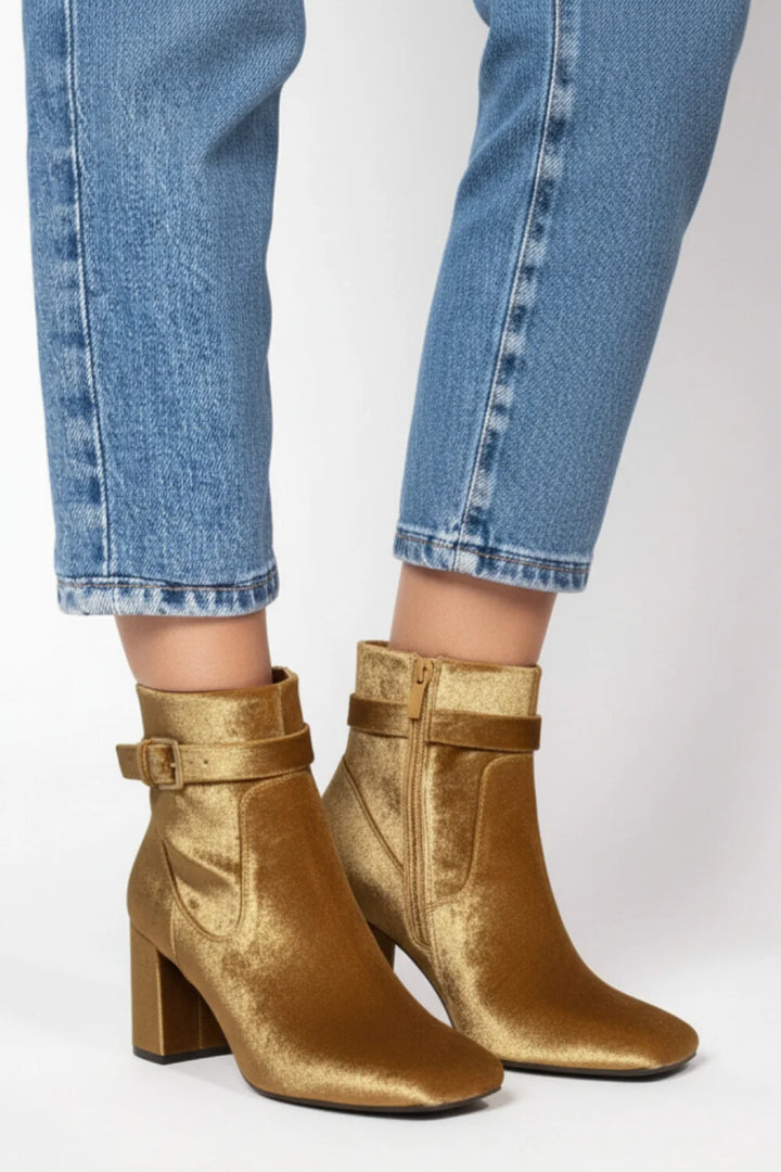 Belt Buckle Square Toe Zip Up Gold Chunky Heel Boots