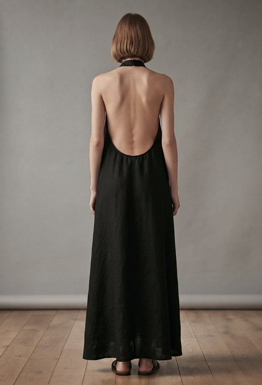 Black Chiffon Halter-neck Pleated Maxi Dress