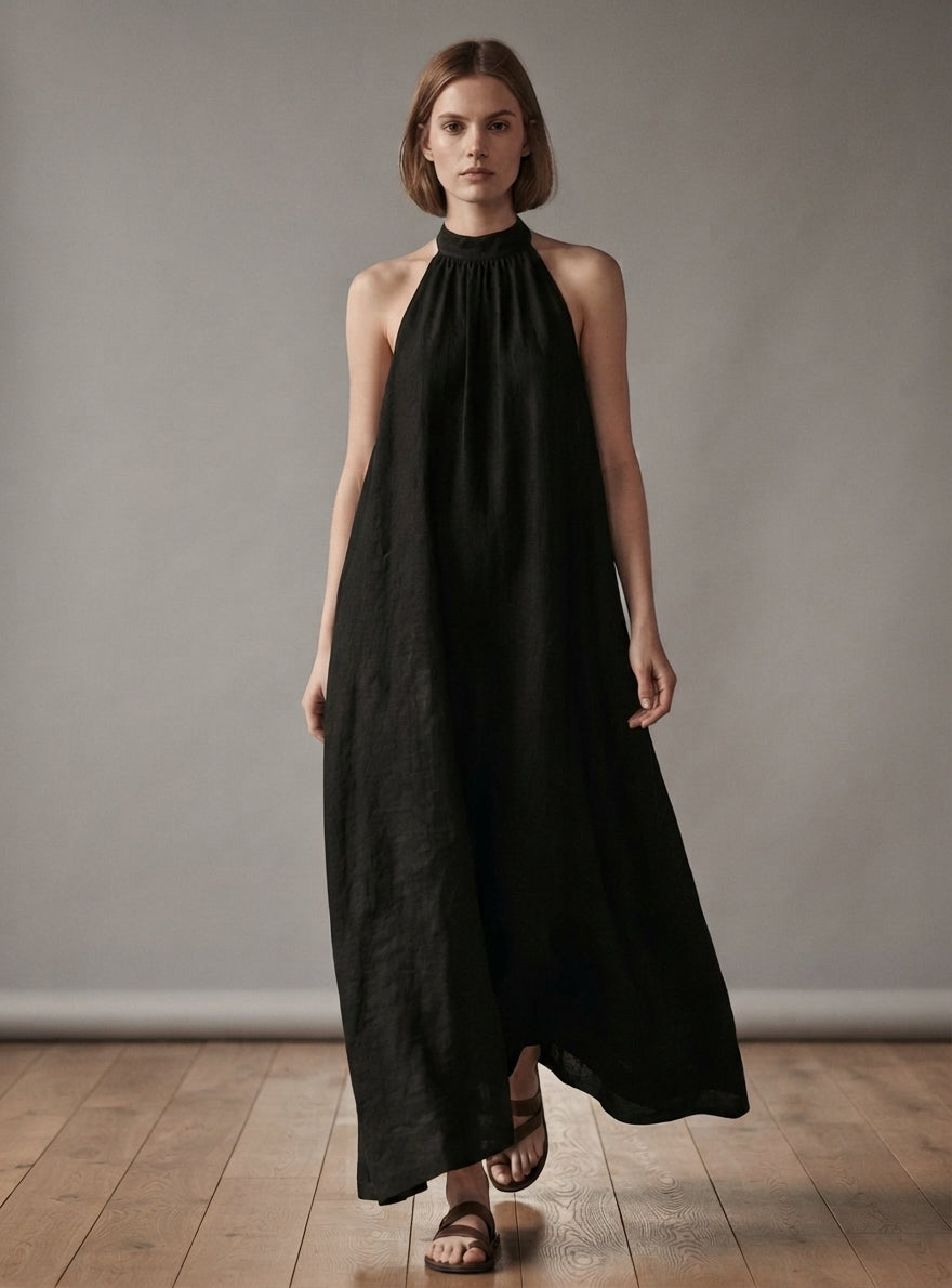 Black Chiffon Halter-neck Pleated Maxi Dress