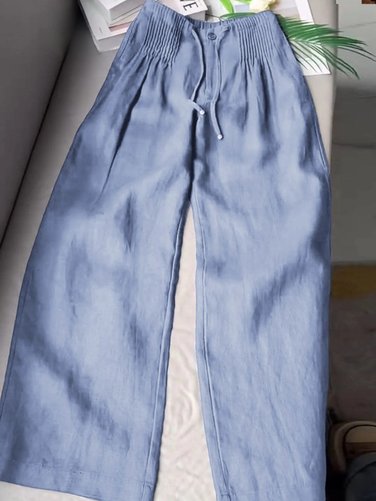 🔥Limited time promotion Women's Solid Color Pleated Drawstring Casual Cotton and Linen Wide Leg Pants