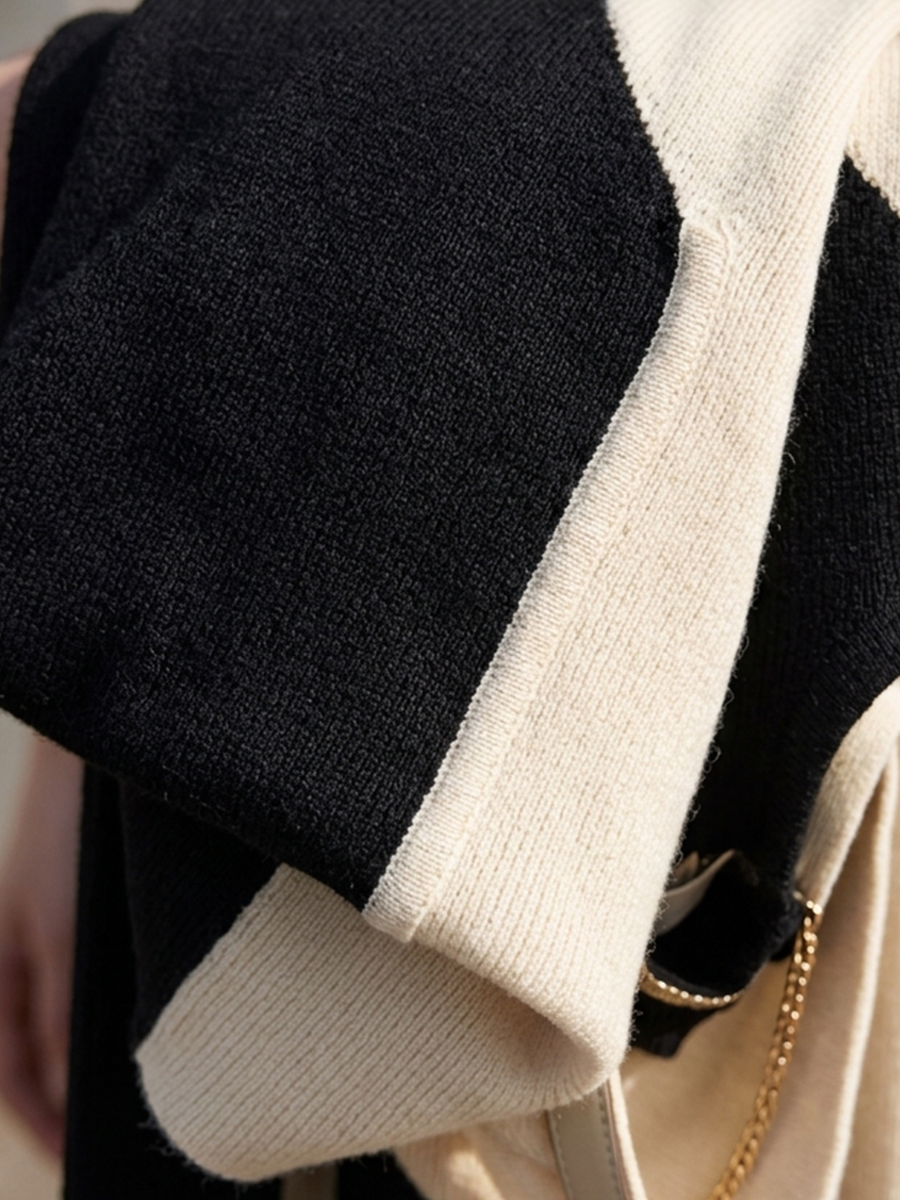 Women's Two-Tone Black Off White Stretch Knit Maxi Gown With Contrast Trim Turtleneck & Vertical Side Stripe, Sophisticated Slim Fit Long Sleeve Sweater Dress