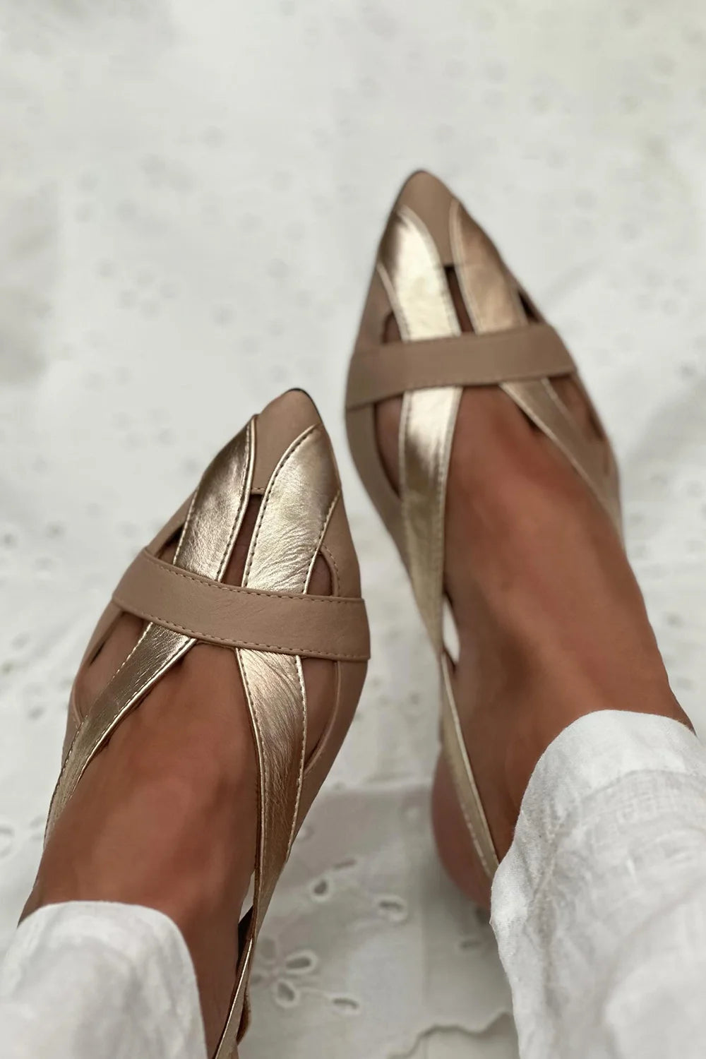 Hollow Out Pointed Toe Slingback Gold Flats