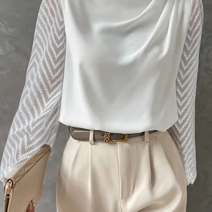 Elegant Sheer-Sleeve Mock Neck Blouse